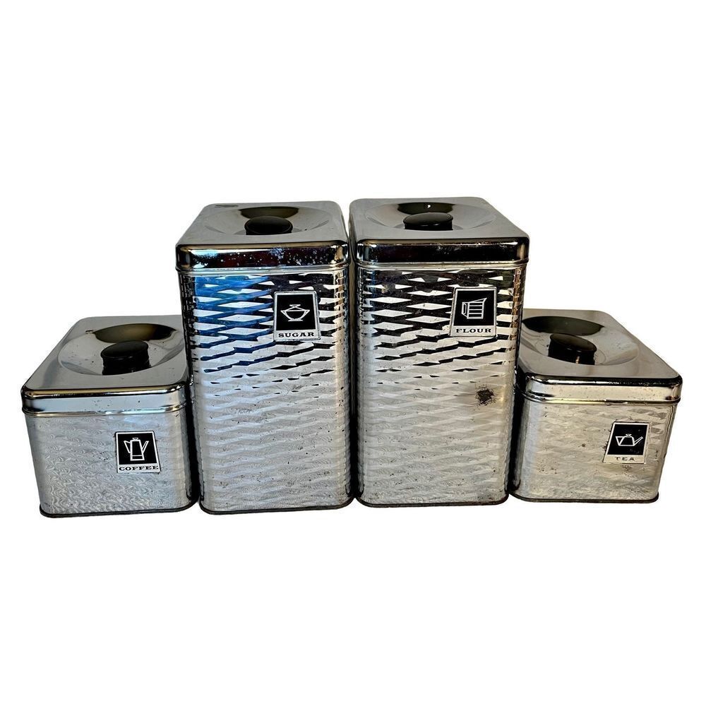 Vintage 4 Piece MCM Chrome/Black Wavy Diamond Textured Canister Set READ